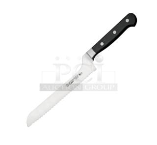 Brand new Winco Acero Series 8" offset bread knife, stainless steel, black grip handle, Model KFP83.