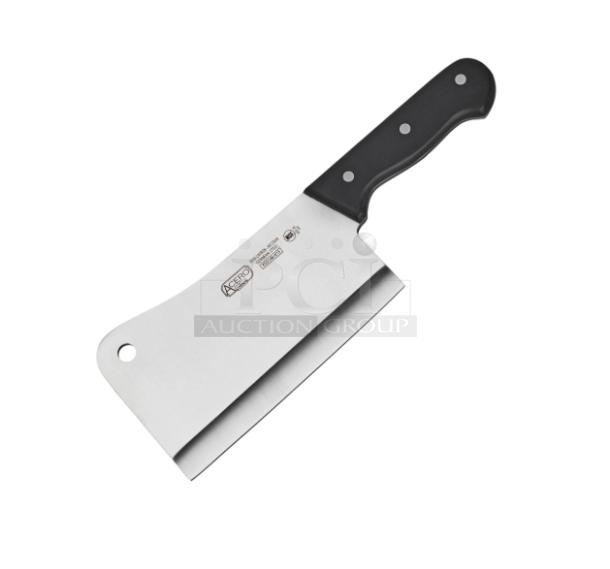 Brand new Winco Acero Series 7" cleaver, model KFP-72, stainless steel blade, black grip handle, commercial grade.