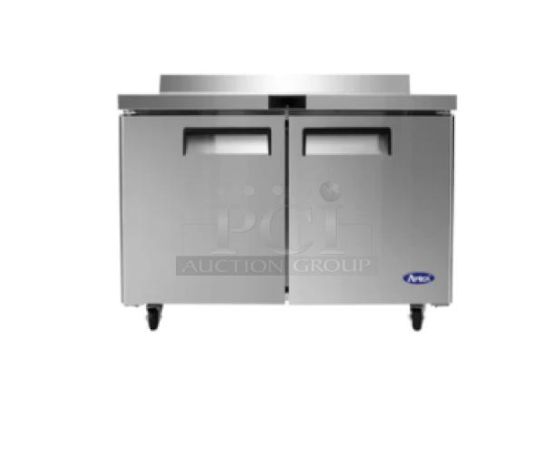 Brand new Atosa MGF8413GR commercial stainless steel 2-door 48" worktop freezer with backsplash. Model: MGF8413GR.