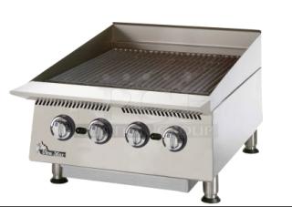 NEW Star Ultra Max 8124RCBB stainless steel charbroiler, 24" radiant, natural gas, with back & side splash, on legs.