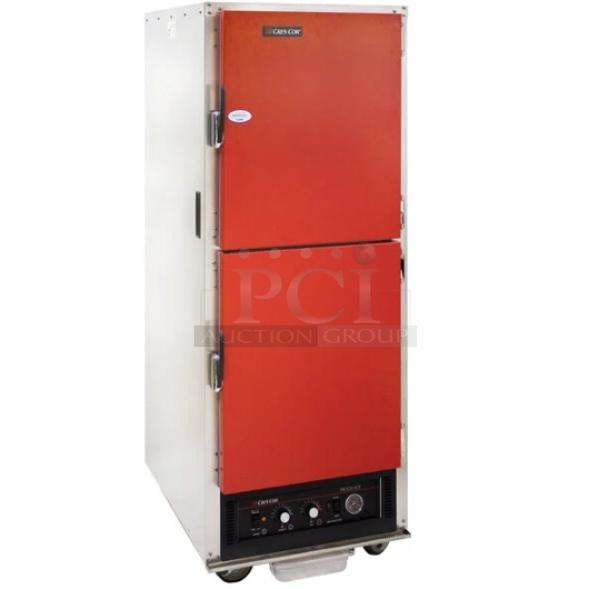 Cres Cor AquaTemp Series insulated holding cabinet, model H135WUA11R, red Dutch doors, adjustable humidity, on casters.