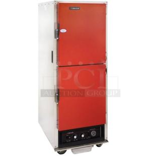 Cres Cor AquaTemp Series insulated holding cabinet, model H135WUA11R, red Dutch doors, adjustable humidity, on casters.