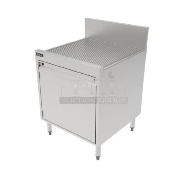 Brand new Perlick SC24, 24” stainless steel underbar storage cabinet with drainboard top, commercial-grade.