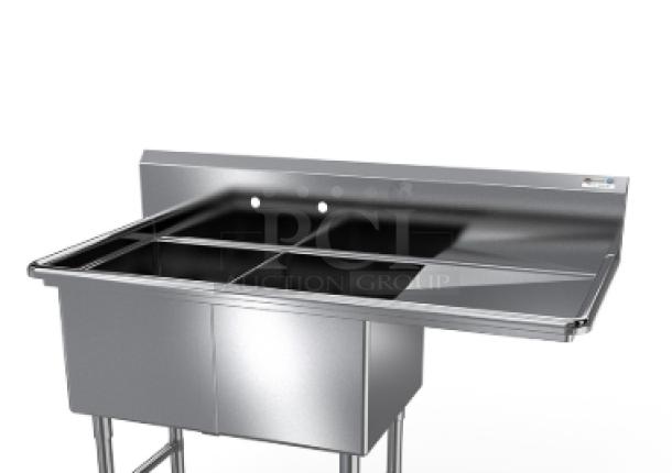 NBR 2-compartment stainless steel sink, model 2SS242414RE24, with right drainboard and backsplash, new condition.