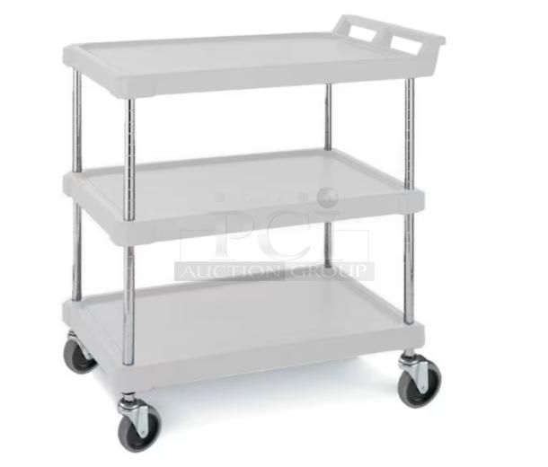 Brand new Metro Commercial Grey 3-Shelf Utility Cart, Model BC162734GSR, featuring open design and durable wheels.