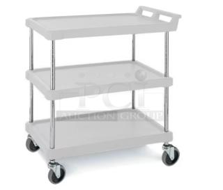 Brand new Metro Commercial Grey 3-Shelf Utility Cart, Model BC162734GSR, featuring open design and durable wheels.
