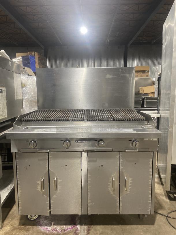 NEW Southbend Platinum Series 48" Stainless Steel Char Broiler, Model P48CCCCC, with double cabinet base and backsplash, on casters.