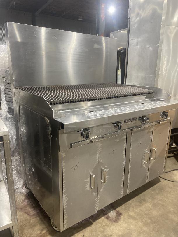 NEW Southbend Platinum Series 48" stainless steel char broiler, natural gas, model P48C-CCC, with double cabinet base, on casters.