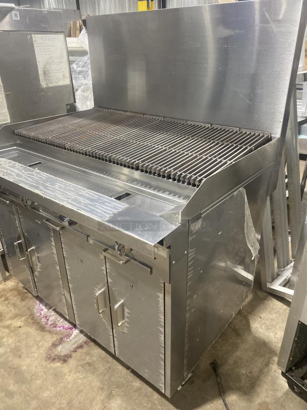 Southbend Platinum Series 48" stainless steel char broiler, model P48C-CCC. New, with double cabinet base, back splash, on casters.