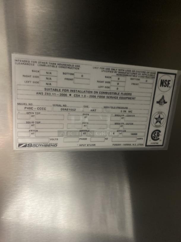 Southbend Platinum Series 48" Char Broiler, Model P48C-CCC, stainless steel, natural gas, double cabinet base, new condition.