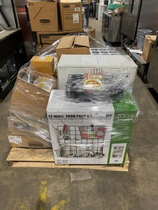 Mixed pallet of new commercial kitchen items, including Carlisle bowls, Lodge handle holder, Focus prep kit, and more, wrapped on a pallet.
