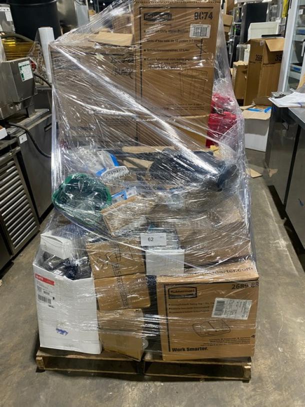 Mixed pallet with Rubbermaid and Adcraft commercial items, including trash lid, mop bucket, skewer, soup spoon, menu stand, corkscrew, and ladle. New condition.