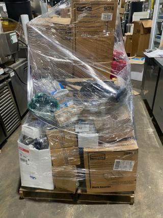 Mixed pallet with Rubbermaid and Adcraft commercial items, including trash lid, mop bucket, skewer, soup spoon, menu stand, corkscrew, and ladle. New condition.