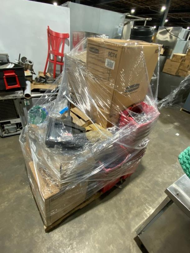 Mixed pallet with Rubbermaid and Adcraft commercial items, including trash lid, mop bucket, skewer, and more. Brand new, shrink-wrapped.