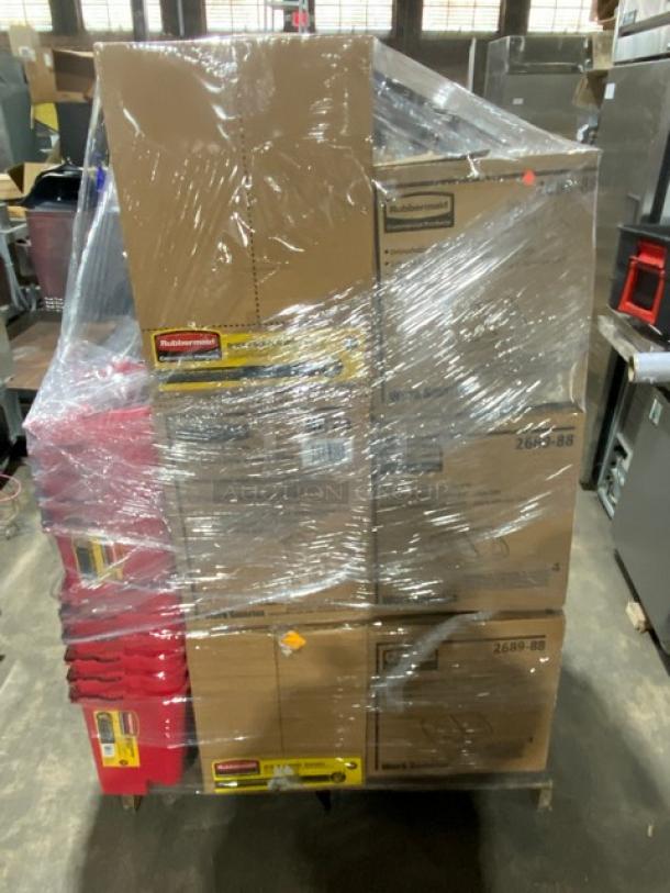 Mixed pallet of brand new Rubbermaid and Adcraft commercial items, including trash lids, mop buckets, skewers, and utensils. Plastic-wrapped for shipping.
