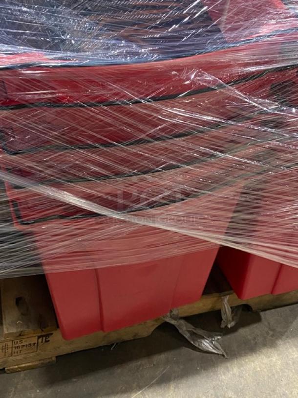 Mixed pallet with Rubbermaid Untouchable beige lid, WaveBrake red mop bucket, and various Adcraft utensils. Wrapped for shipping.