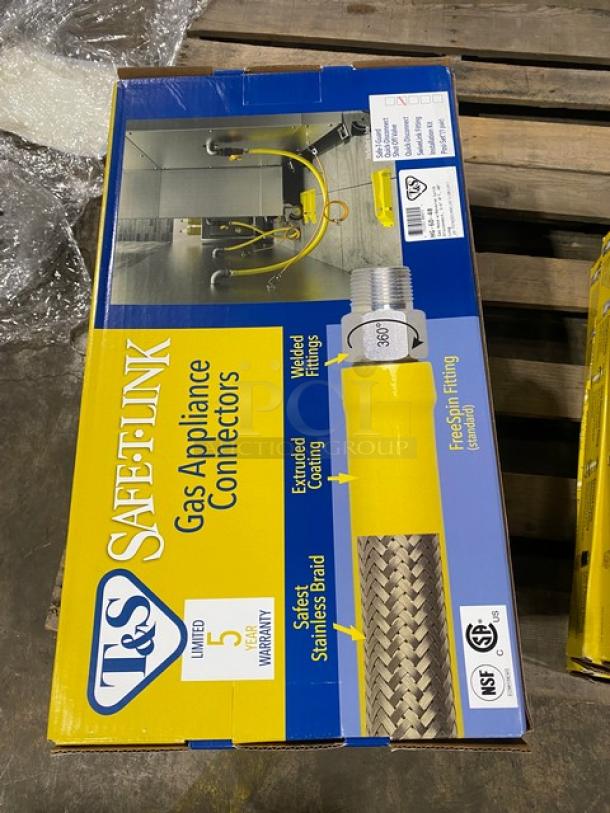 BRAND NEW T&S Brass Safe-T-Link 48" Gas Connector Hose, Model HG-6D-48. Features stainless steel braid, welded fittings.