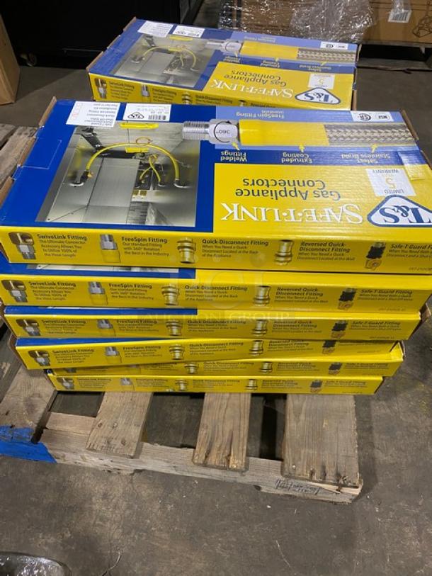 BRAND NEW T&S Brass HG-6D-48 Safe-T-Link Commercial 48” Gas Connector Hose, 6-pack, in original packaging on pallet.