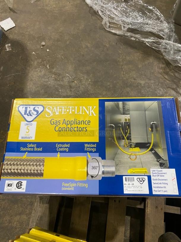 T&S Brass Safe-T-Link 48" Gas Connector HG-6D-48, new in box, features free-spin fitting, stainless braid, extruded coating.