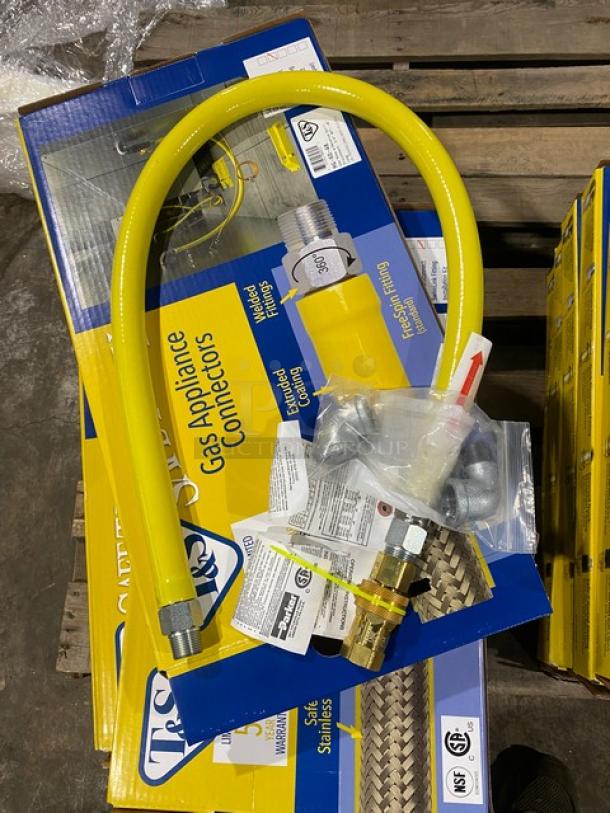 Brand new T&S Brass HG-6D-48 gas appliance connector hose, 48", yellow, quick-disconnect, Safe-T-Link Series, packaging included.