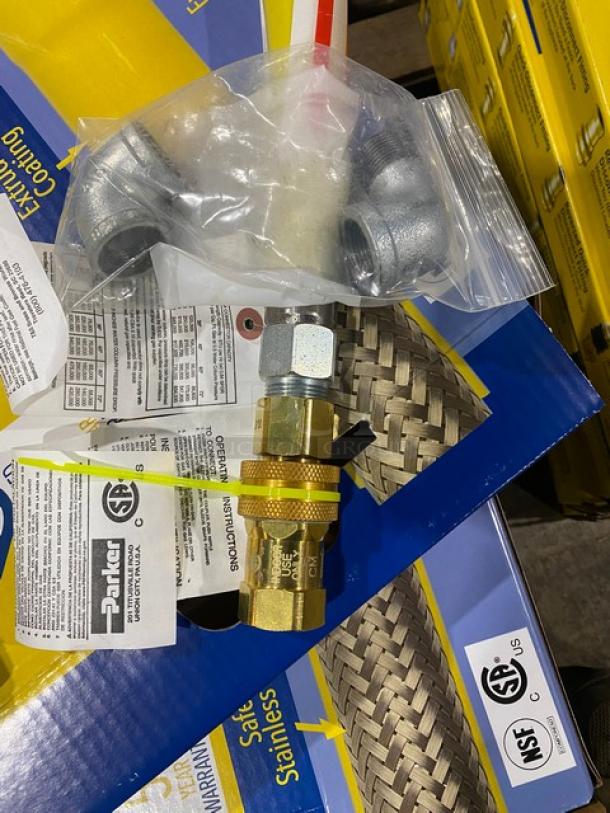 T&S Brass Safe-T-Link 48” gas connector hose, model HG-6D-48, new with labels, brass fittings, NSF certified.