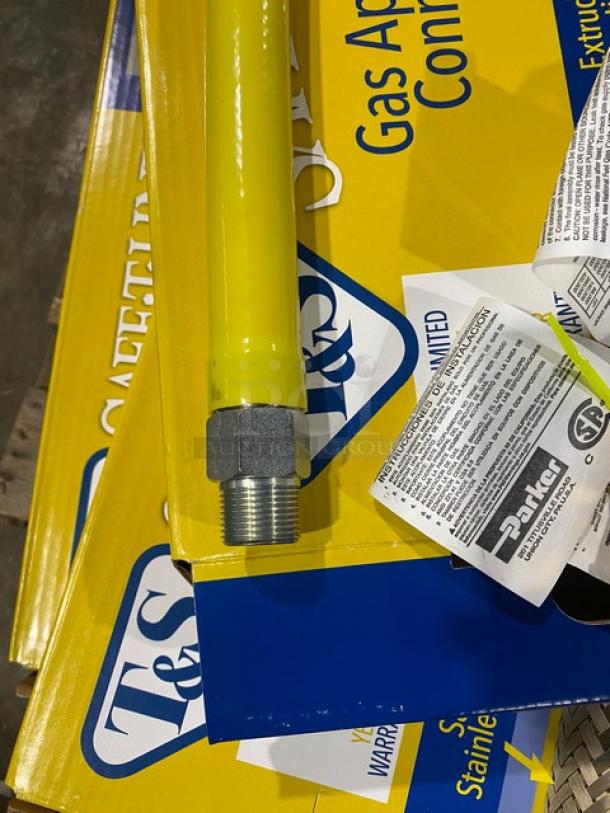 Brand new T&S Brass HG6D48 gas connector hose, 48", yellow, quick-disconnect, Safe-T-Link Series, with tags and labels.