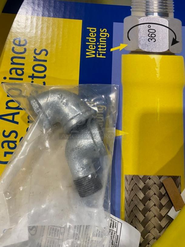 Brand new T&S Brass Safe-T-Link 48” gas connector hose, Model HG-6D-48, with 360° quick-disconnect fitting in packaging.