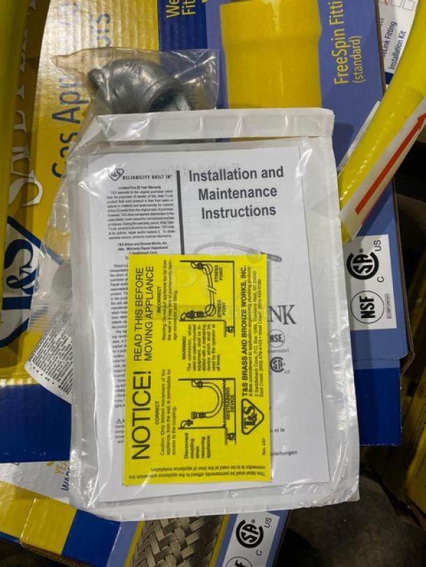 Brand new T&S Brass Safe-T-Link 48" gas connector hose, model HG-6D-48. Includes installation guide and caution labels.