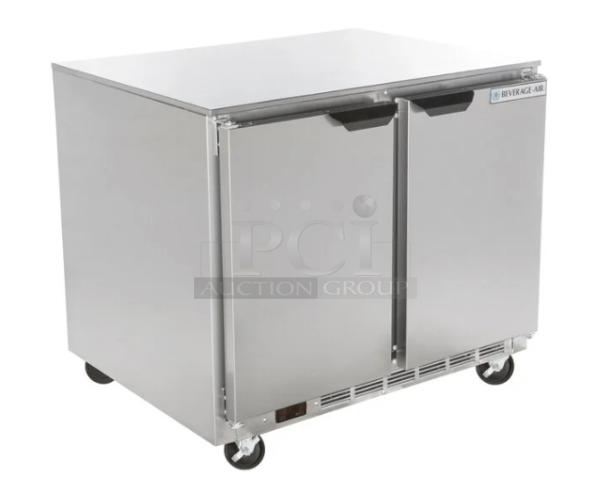Beverage-Air UCR36AHC stainless steel 2-door undercounter refrigerator, 36”, new condition, with casters and poly-coated rack.