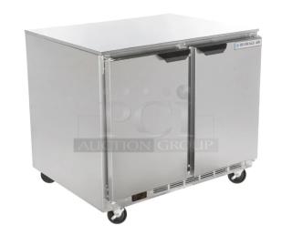 Beverage-Air UCR36AHC stainless steel 2-door undercounter refrigerator, 36”, new condition, with casters and poly-coated rack.