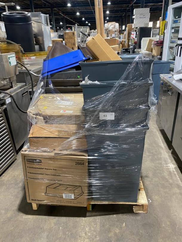 Stack of Rubbermaid and Stolzle commercial items including bins, lids, glass, and dispenser on a pallet, wrapped in plastic.