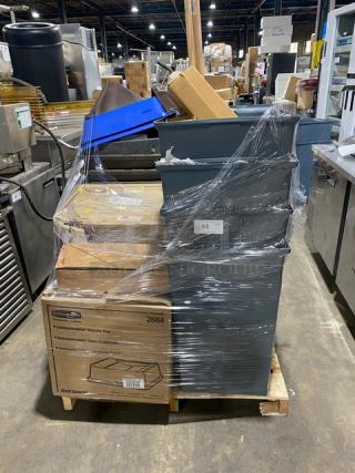 Stack of Rubbermaid and Stolzle commercial items including bins, lids, glass, and dispenser on a pallet, wrapped in plastic.
