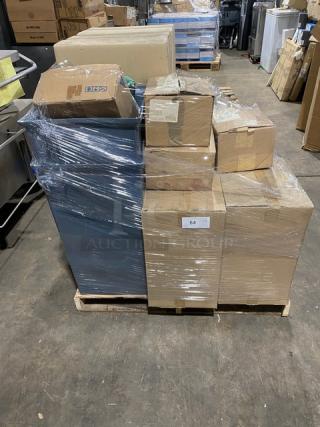 Mixed pallet of restaurant supplies, including Royal Porcelain Avalon platters, Rubbermaid trash bin liner, glassware, and more, all in new condition, shrink-wrapped and labeled.