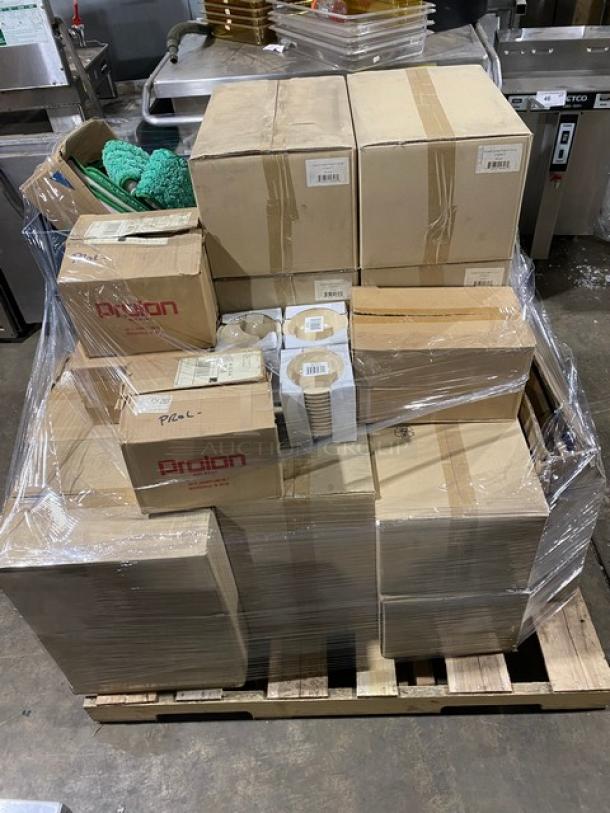 Mixed pallet with Royal Porcelain Avalon platters, Rubbermaid waste bin liner, Stolzle glasses, Adcraft shakers and bowls, boxed and shrink-wrapped.