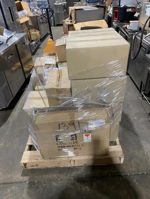 Mixed pallet of commercial dining ware, including Royal Porcelain Avalon platters and Rubbermaid trash bin liner, in sealed boxes.
