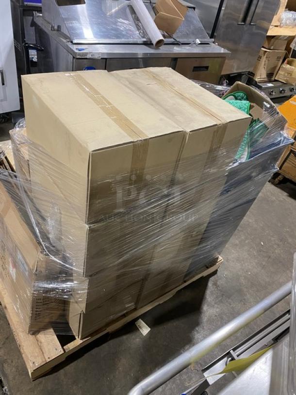 Mixed pallet with boxed Royal Porcelain platters, Rubbermaid trash bin liners, Stolzle glasses, Adcraft items. New condition.