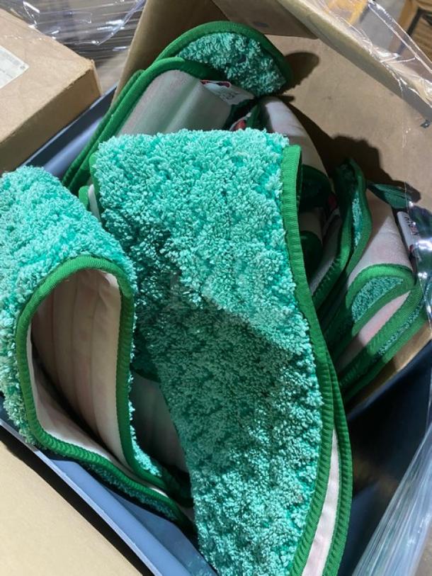 Mixed pallet with green and white textured fabric items in a cardboard box, offering assorted commercial kitchenware.