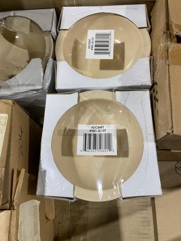 Adcraft 10 Oz. Round Rimmed Soup Bowl in packaging, model MEL-BL10T; tan, new condition, barcode visible.