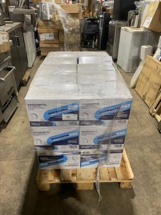 Brand new pallet of Victoria Bay commercial vinyl powder-free disposable gloves, assorted sizes. Packaging intact.