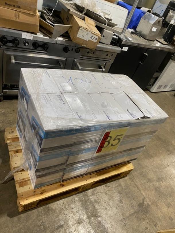 Full pallet of Victoria Bay vinyl disposable gloves, brand new, in original packaging. Powder-free, assorted sizes.