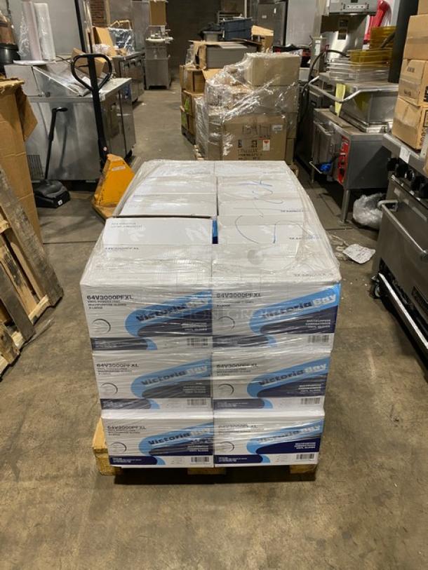 Brand new pallet of Victoria Bay commercial vinyl powder-free disposable gloves. Assorted sizes, shrink-wrapped, 30X bid.