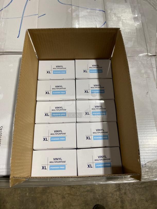 Victoria Bay vinyl disposable gloves, XL, powder-free, full pallet, brand new. Packaged in labeled boxes, suitable for commercial use.