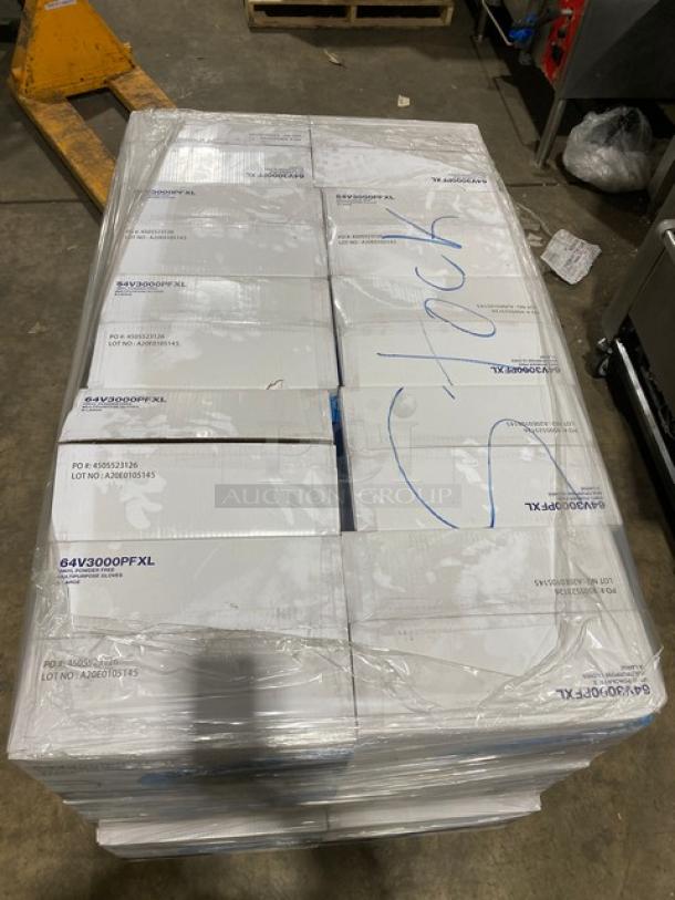 Full pallet of Victoria Bay commercial vinyl powder-free disposable gloves, brand new, 30 boxes, assorted sizes.
