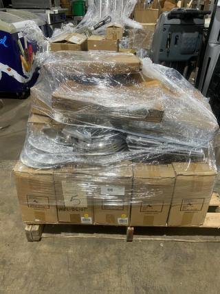 New Adcraft mixed pallet containing commercial kitchen items including soup bowls, cheese shakers, dinner forks, and more. Model numbers: MEL-BL10, GSC-6PT, BA-DF/B, MEL-PL99W, CI-85, OPD-16, CST-F/SL. Wrapped and labeled.