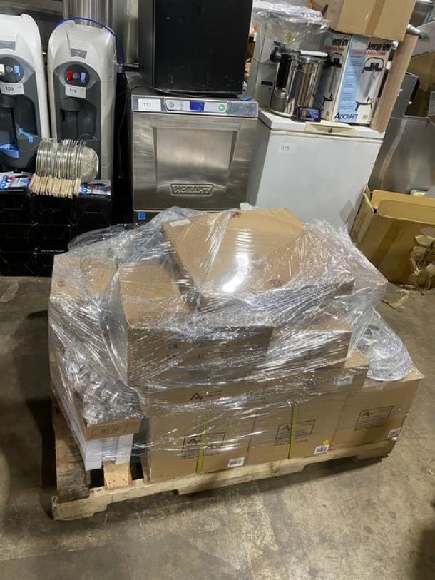 Brand new mixed pallet with Adcraft commercial kitchenware, including bowls, shakers, forks, and platters, in original packaging.