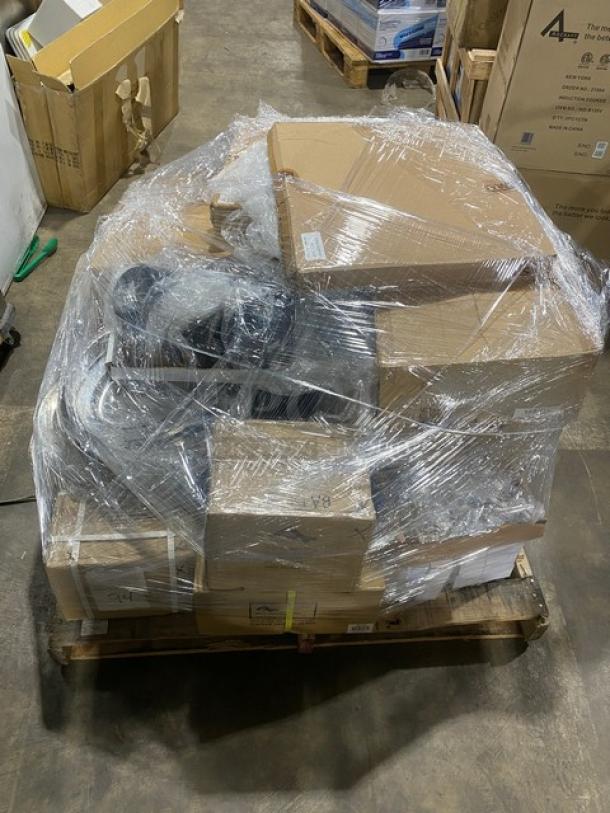 Mixed pallet of new Adcraft commercial kitchen items, boxed and wrapped. Includes various bowls, forks, platters, and lids.