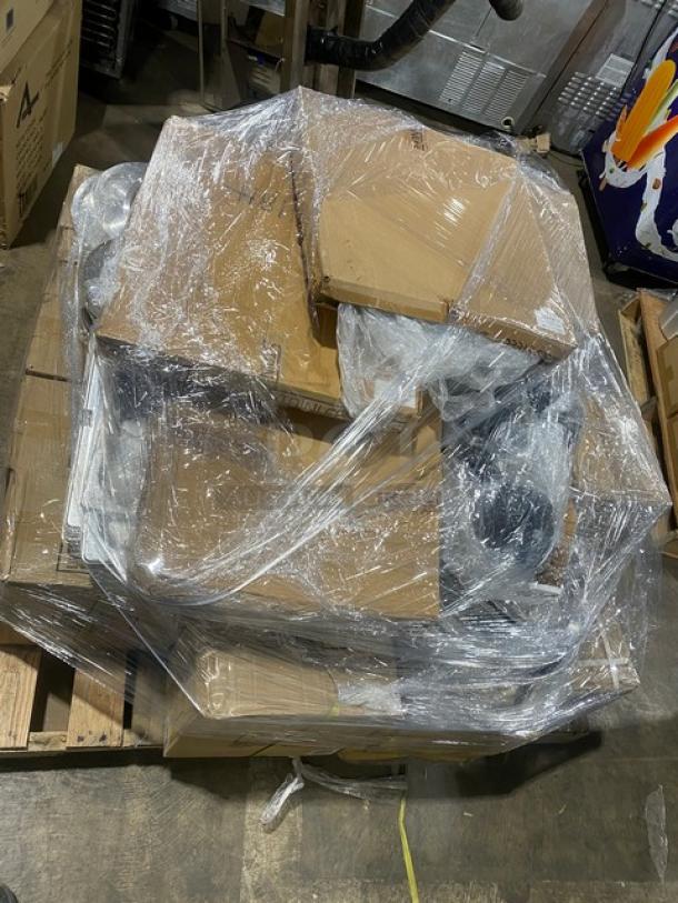 Mixed pallet of brand new Adcraft commercial kitchenware, shrink-wrapped. Includes bowls, shakers, and cutlery. Multiple models.