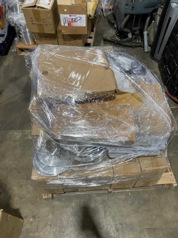 Mixed pallet of new Adcraft commercial items including bowls, shakers, dinnerware, forks, lids, and platters. Wrapped for auction.