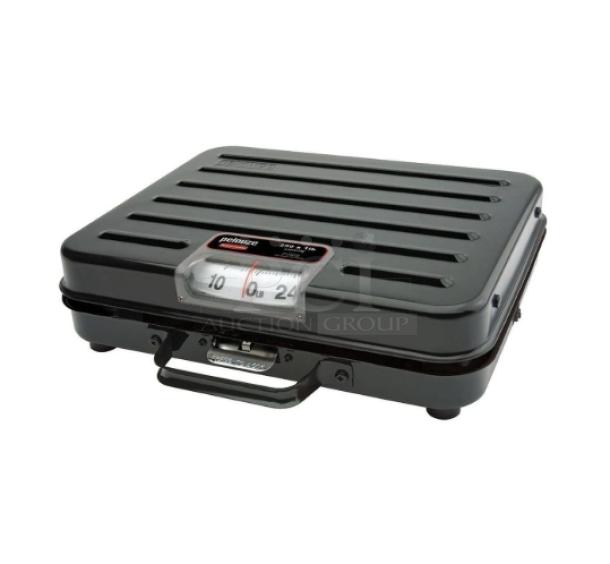 Brand new Rubbermaid Pelouze FGP250S mechanical shipping scale, black briefcase-style, 250 lb capacity, on legs.