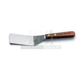 Dexter Russell S242 stainless steel turner with 4"x2" blade and wooden grip handle; brand new condition.
